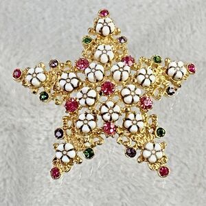 Vintage FLORENZA Signed STAR Brooch White Enamel Floral Rhinestone 1960s Pin